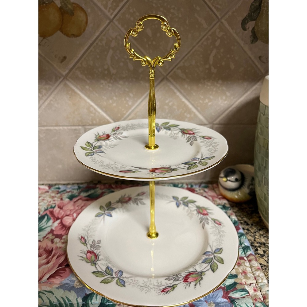 Vintage Paragon‎ Bridal Rose 2-Tier Tidbit Tray: Gold Trimmed Party Dish - Picture 2 of 10